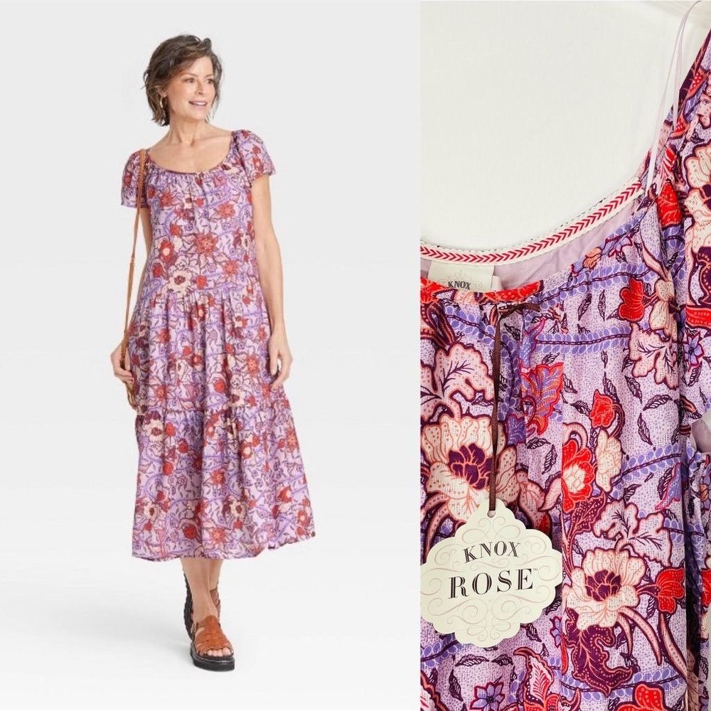 Knox Rose Women's Dress Medium Purple Short Sleeve Floral Print Midi Ruffle New